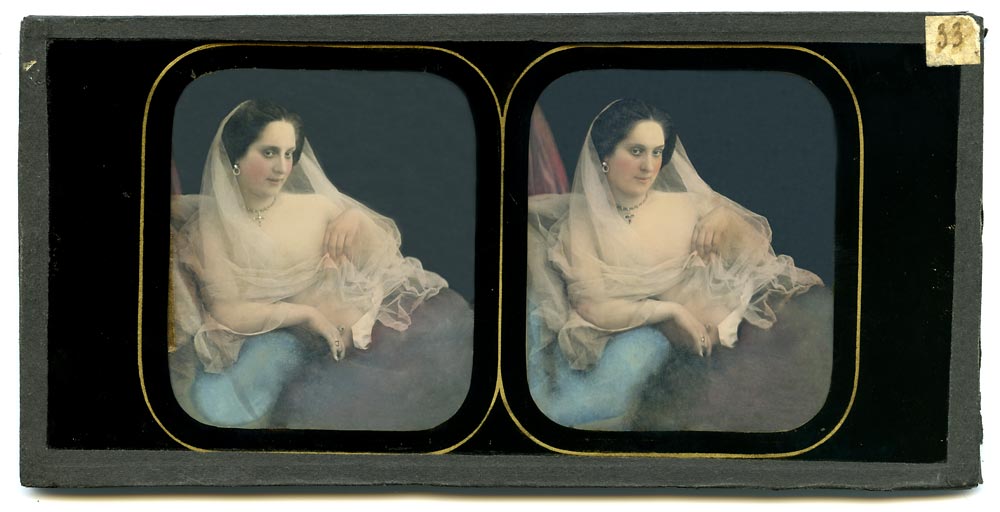 Stereo daguerreotype portrait of a woman in with a veil