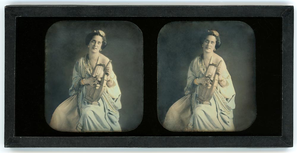 Stereo daguerreotype of a woman dressed as a Greek goddess