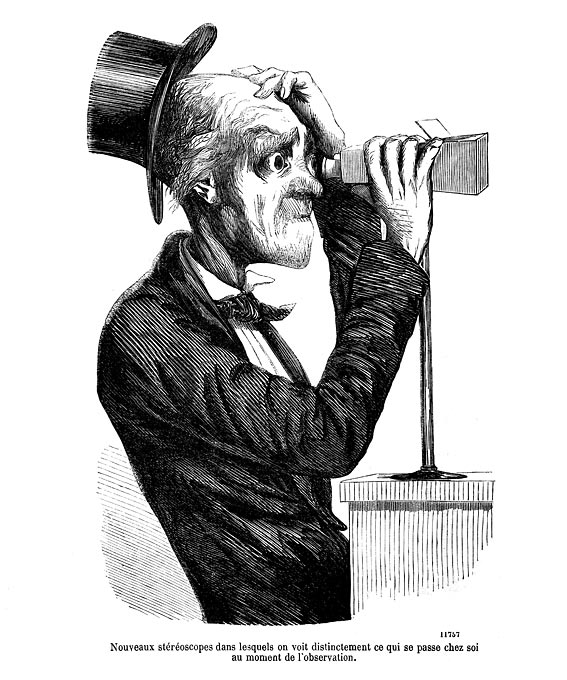 Newspaper illustration of a man looking into a vintage stereoscope