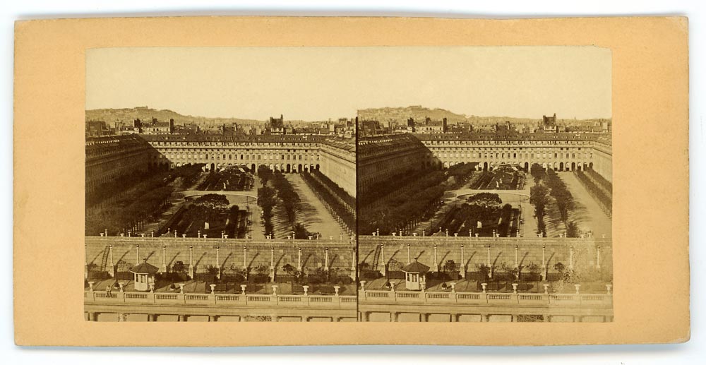 Vintage stereoscopic albumen print on card showing Palais Royal Paris