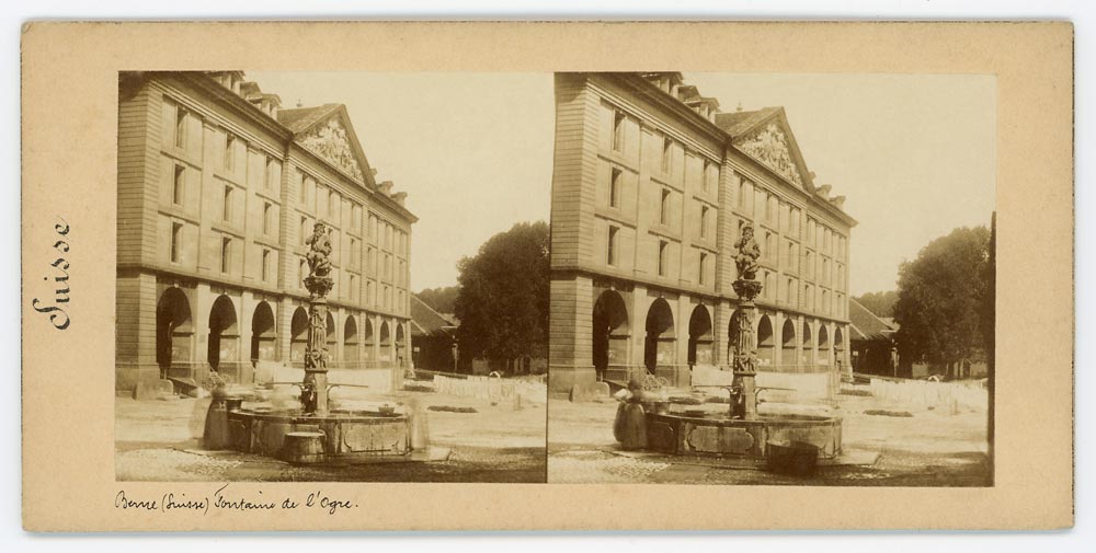 Vintage stereoscopic albumen print on card showing fountain in Bern Switzerland