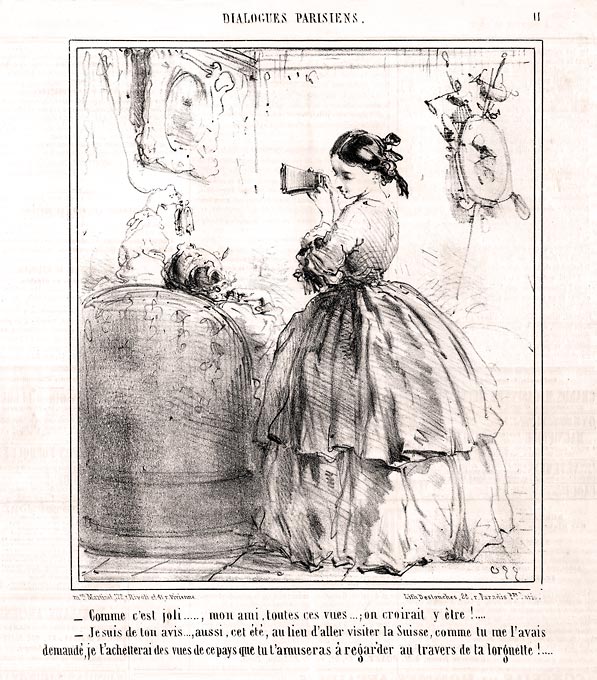 Newspaper illustration of woman using vintage stereoscope viewer 