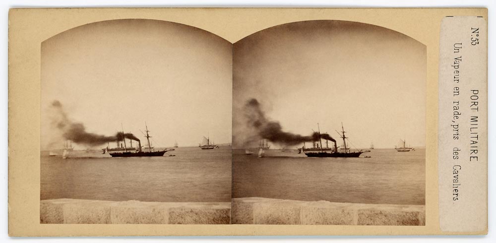 Vintage stereo view of a steamer ship with smoke