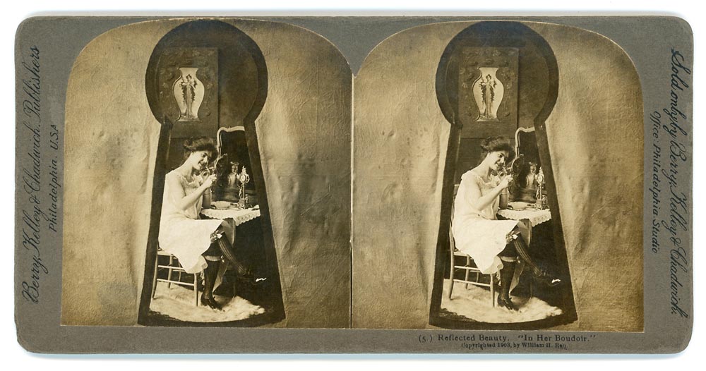 Vintage stereo view of a woman in her bedroom seen through a keyhole