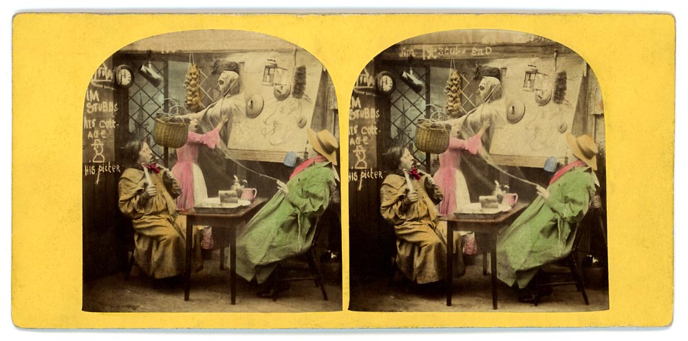 Vintage hand coloured stereo view of a haunted scene in an English pub